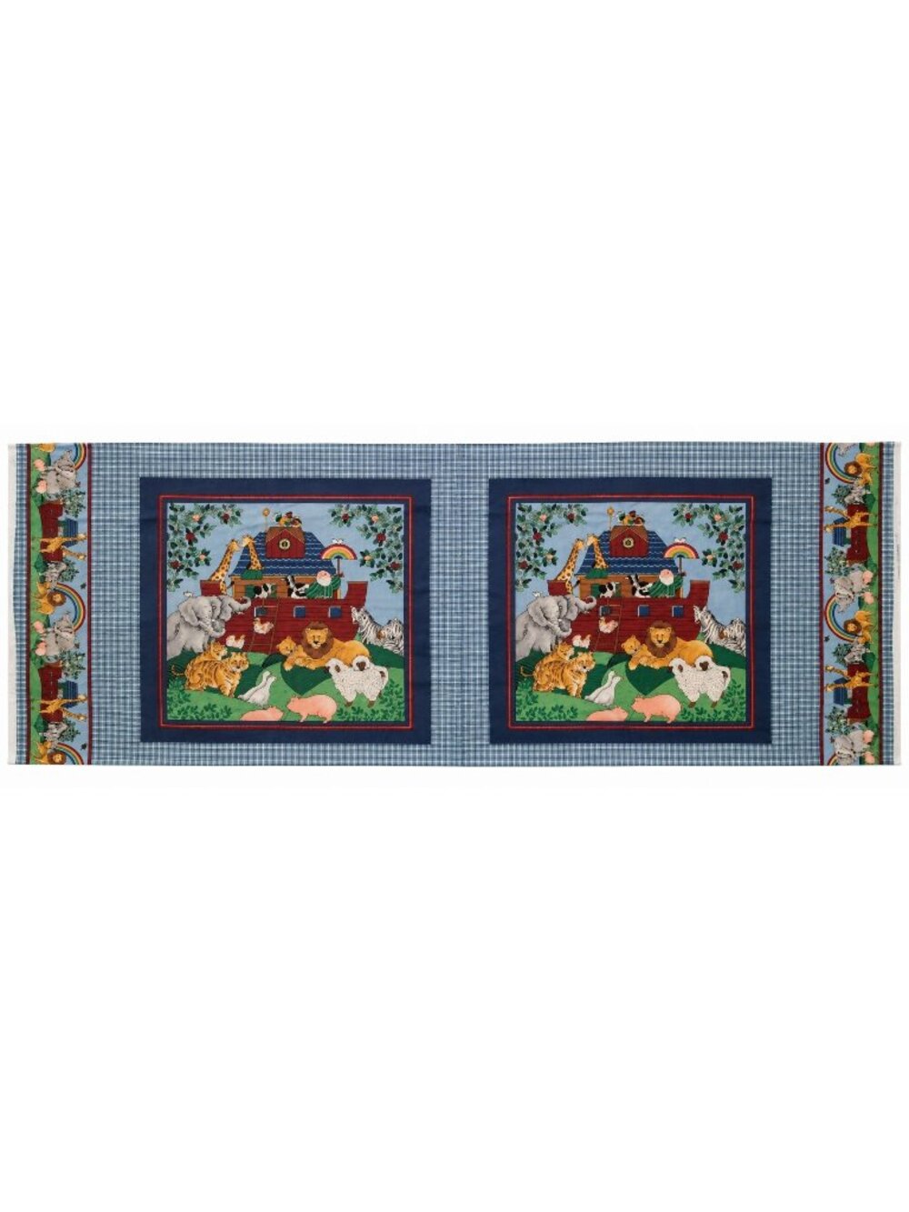 Vintage Cranston Noahs Ark Fabric Panel 44x18, 1995 Blue Cotton Nursery Quilt Bl